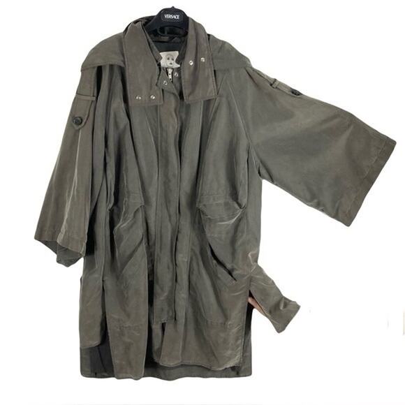 TOMBOY JACKET~M Oversized Hoodie Zip&Snaps Grey/Khaki Slits Hi-Low Layer-Back